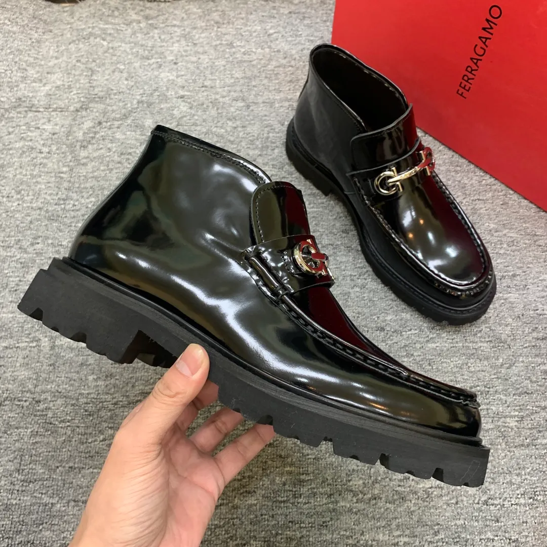 Men's shoes 💰960 🎁🎁🎁😈[Ferragamo] Men's high-top boots, the latest hot style, 1:1 original purchase quality, top quality, imported cowhide for the uppers, imported cowhide for the lining and feet, with original lightweight foam outsole, matching code 39-44, (38, 45 custom-made, non-refundable)